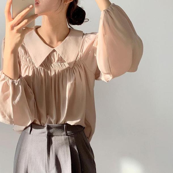 シフォン長袖プリーツシャツ 4395-S pink_お取り寄せ43954-画像2-韓国ファッション通販POPREA［ポップリア］