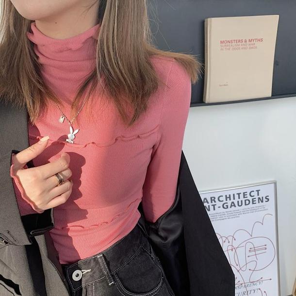 ウェーブフリルハイネックトップス 4404-pink_お取り寄せ44042-画像2-韓国ファッション通販POPREA［ポップリア］