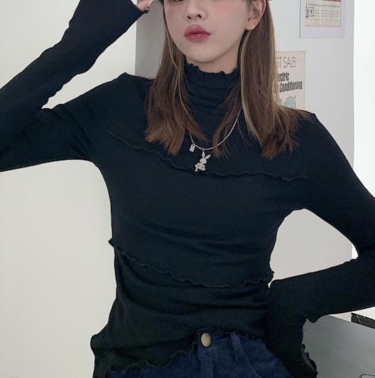 ウェーブフリルハイネックトップス 4404-black_お取り寄せ44044-画像4-韓国ファッション通販POPREA［ポップリア］