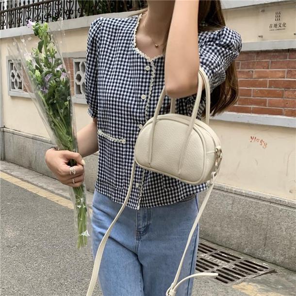 ブルーチェックホワイトレースブラウス 4435-check-blue_お取り寄せ4435-画像4-韓国ファッション通販POPREA［ポップリア］