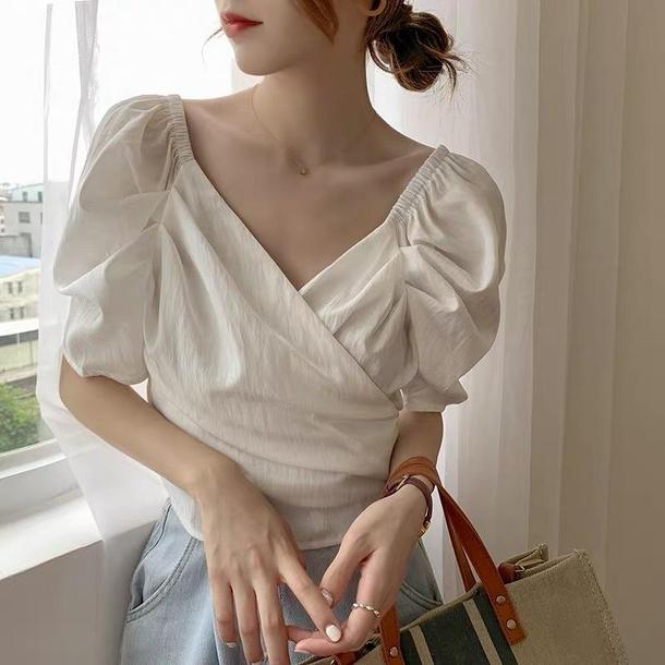 フレンチカシュリボントップス 4454-S/white_お取り寄せ44541-画像1-韓国ファッション通販POPREA［ポップリア］
