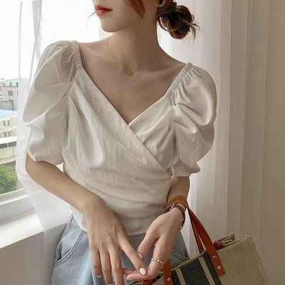 フレンチカシュリボントップス 4454-S/white_お取り寄せ44541-画像1-韓国ファッション通販POPREA［ポップリア］
