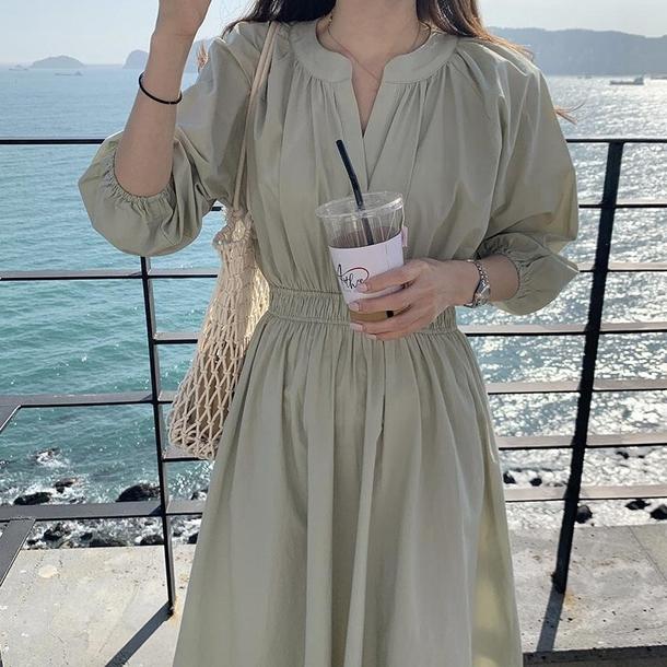 ラグランスリーブドレープワンピース 4465-green_お取り寄せ44651-画像1-韓国ファッション通販POPREA［ポップリア］