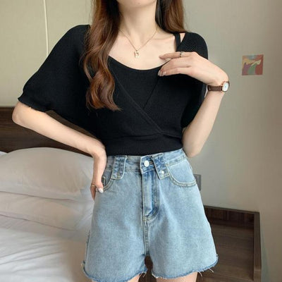 キャミソールカシュクールカットソー 4497-black_お取り寄せ44973-画像3-韓国ファッション通販POPREA［ポップリア］