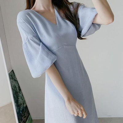 パフスリーブプレーンワンピース 4512-blue_お取り寄せ45121-画像3-韓国ファッション通販POPREA［ポップリア］