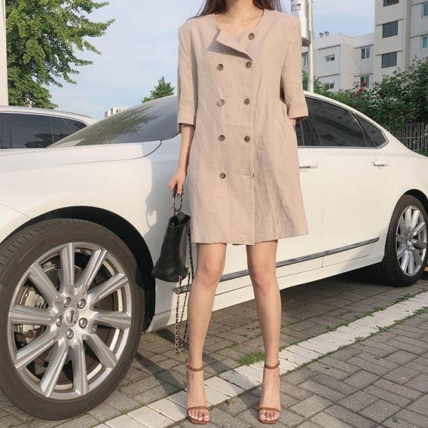 ダブルブレスト半袖ジャケット 4516-khaki_お取り寄せ4516-画像4-韓国ファッション通販POPREA［ポップリア］