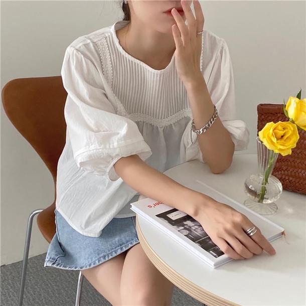 ラウンドネックプリーツブラウス 4534-white_お取り寄せ45341-画像1-韓国ファッション通販POPREA［ポップリア］