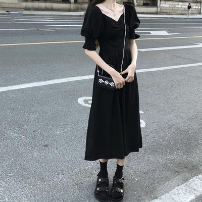 Vネックフレンチブラックワンピース 4562-black_お取り寄せ4562-画像11-韓国ファッション通販POPREA［ポップリア］
