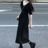Vネックフレンチブラックワンピース 4562-black_お取り寄せ4562-画像2-韓国ファッション通販POPREA［ポップリア］
