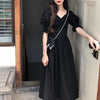 Vネックフレンチブラックワンピース 4562-black_お取り寄せ4562-画像3-韓国ファッション通販POPREA［ポップリア］