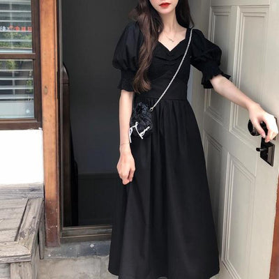 Vネックフレンチブラックワンピース 4562-black_お取り寄せ4562-画像3-韓国ファッション通販POPREA［ポップリア］