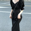 Vネックフレンチブラックワンピース 4562-black_お取り寄せ4562-画像4-韓国ファッション通販POPREA［ポップリア］