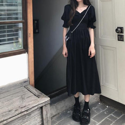 Vネックフレンチブラックワンピース 4562-black_お取り寄せ4562-画像5-韓国ファッション通販POPREA［ポップリア］