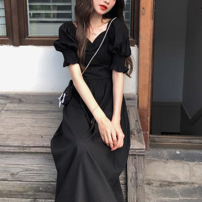 Vネックフレンチブラックワンピース 4562-black_お取り寄せ4562-画像8-韓国ファッション通販POPREA［ポップリア］
