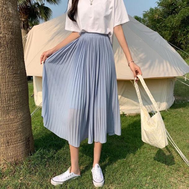 ロングプリーツスカート 4566-blue_お取り寄せ45661-画像1-韓国ファッション通販POPREA［ポップリア］