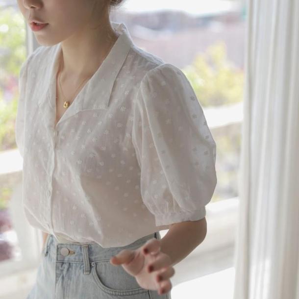 花刺繍アイボリーシャツ 4605-お取り寄せ_4605-画像1-韓国ファッション通販POPREA［ポップリア］