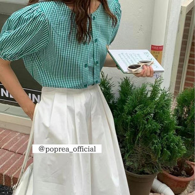 スクエアネックチェックブラウス 4608-green_お取り寄せ46083-画像15-韓国ファッション通販POPREA［ポップリア］