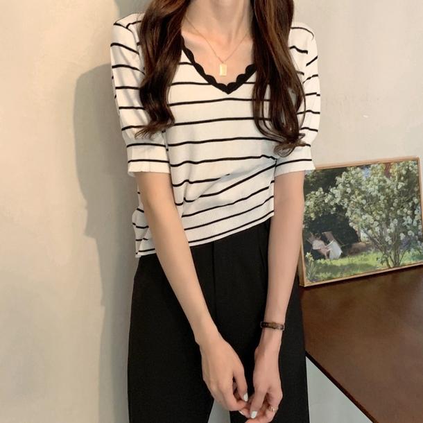 ウェーブVラインボーダーTEE 4616-white_お取り寄せ46161-画像1-韓国ファッション通販POPREA［ポップリア］