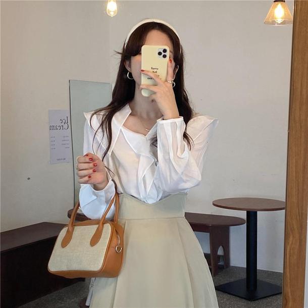 ホワイトブラウス＆ハイウエストスカート 4681-white-tops&skirts_お取り寄せ4681-画像9-韓国ファッション通販POPREA［ポップリア］