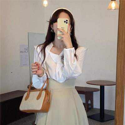 ホワイトブラウス＆ハイウエストスカート 4681-white-tops&skirts_お取り寄せ4681-画像9-韓国ファッション通販POPREA［ポップリア］