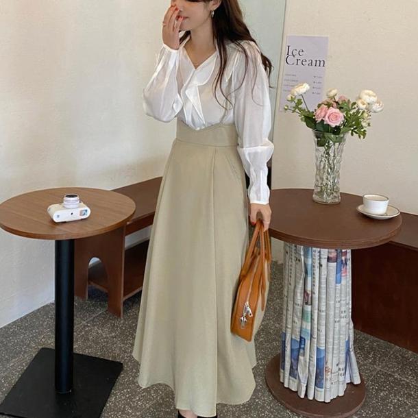 ホワイトブラウス＆ハイウエストスカート 4681-white-tops&skirts_お取り寄せ4681-画像1-韓国ファッション通販POPREA［ポップリア］