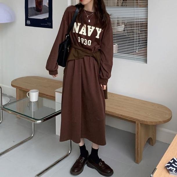 ロゴプリントトレーナーワンピース 4688-dark-brown_お取り寄せ46881-画像1-韓国ファッション通販POPREA［ポップリア］