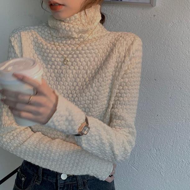 アートピケタートルネックトップス 4695-beige_お取り寄せ4695-画像2-韓国ファッション通販POPREA［ポップリア］