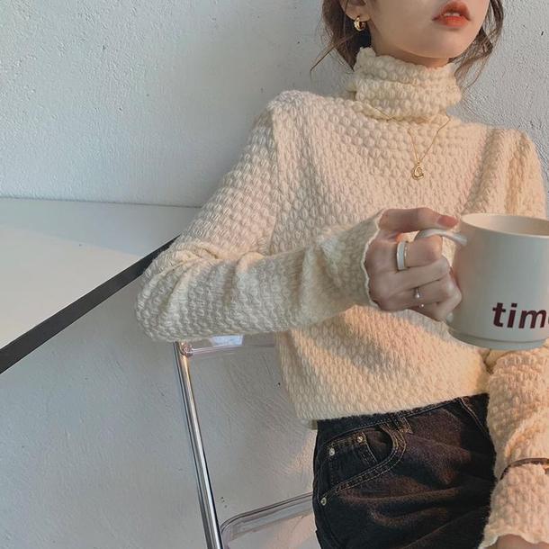 アートピケタートルネックトップス 4695-beige_お取り寄せ4695-画像4-韓国ファッション通販POPREA［ポップリア］