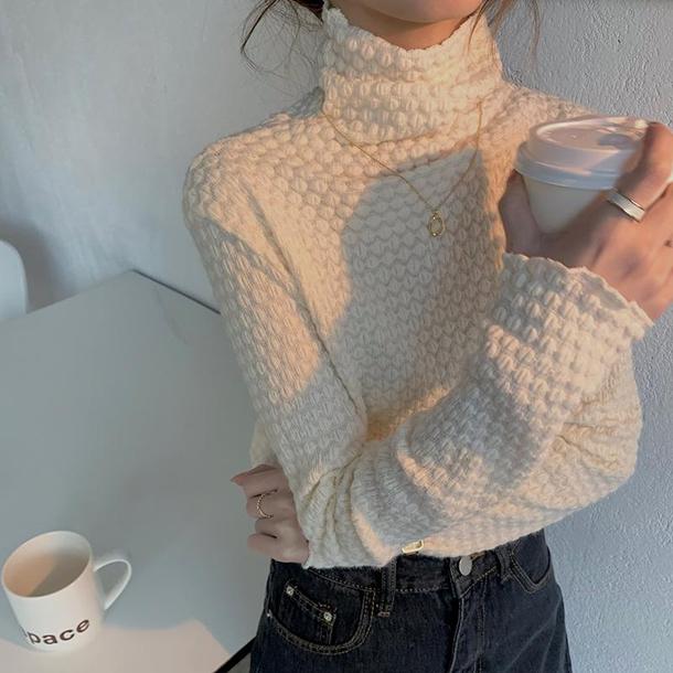 アートピケタートルネックトップス 4695-beige_お取り寄せ4695-画像7-韓国ファッション通販POPREA［ポップリア］