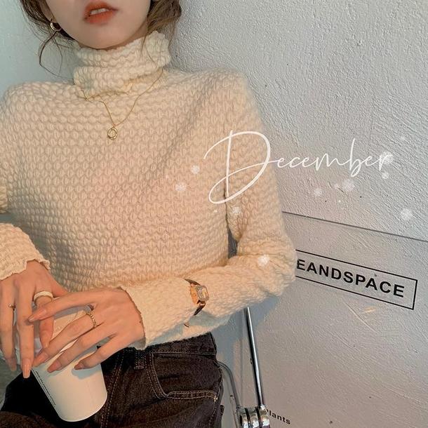 アートピケタートルネックトップス 4695-beige_お取り寄せ4695-画像1-韓国ファッション通販POPREA［ポップリア］