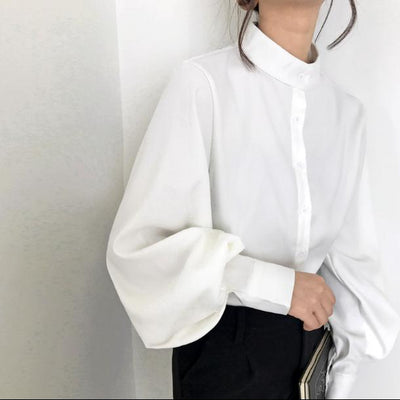 ハイネックルーズランタンスリーブトップス 4707-S/white_お取り寄せ47071-画像1-韓国ファッション通販POPREA［ポップリア］