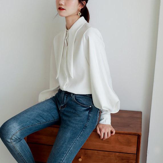 タイネックルーズランタンスリーブトップス 4708-S/white_お取り寄せ47081-画像2-韓国ファッション通販POPREA［ポップリア］