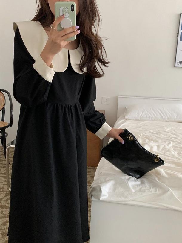 レトロカラーブラックワンピース 4722-black_お取り寄せ4722-画像16-韓国ファッション通販POPREA［ポップリア］