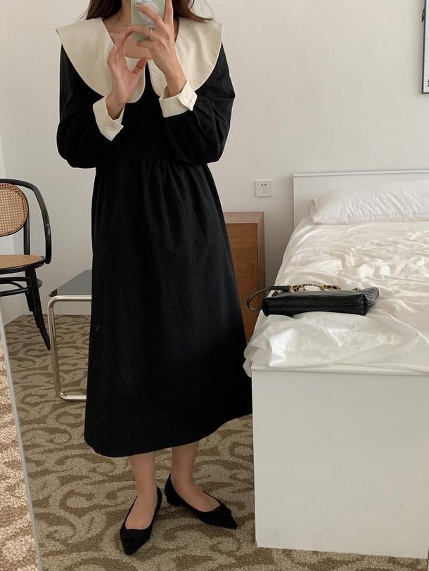 レトロカラーブラックワンピース 4722-black_お取り寄せ4722-画像17-韓国ファッション通販POPREA［ポップリア］