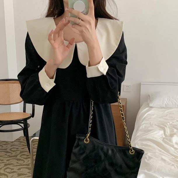 レトロカラーブラックワンピース 4722-black_お取り寄せ4722-画像3-韓国ファッション通販POPREA［ポップリア］