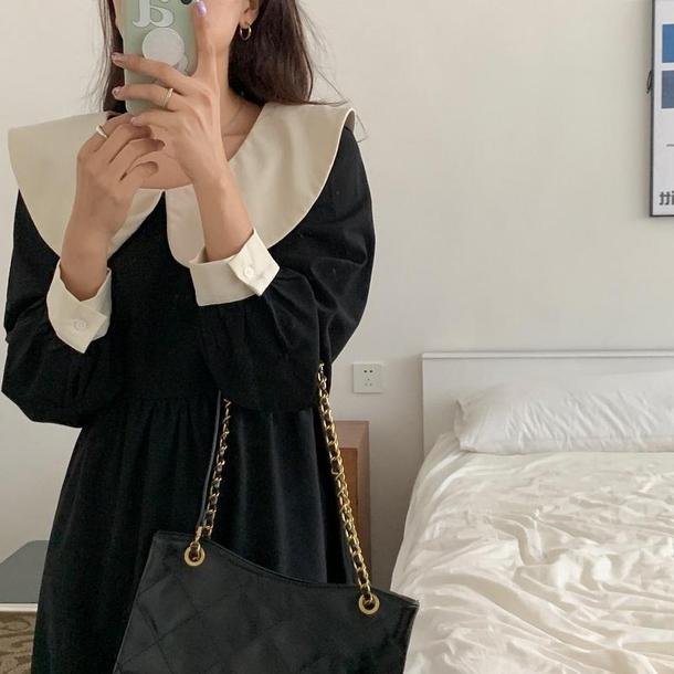 レトロカラーブラックワンピース 4722-black_お取り寄せ4722-画像4-韓国ファッション通販POPREA［ポップリア］