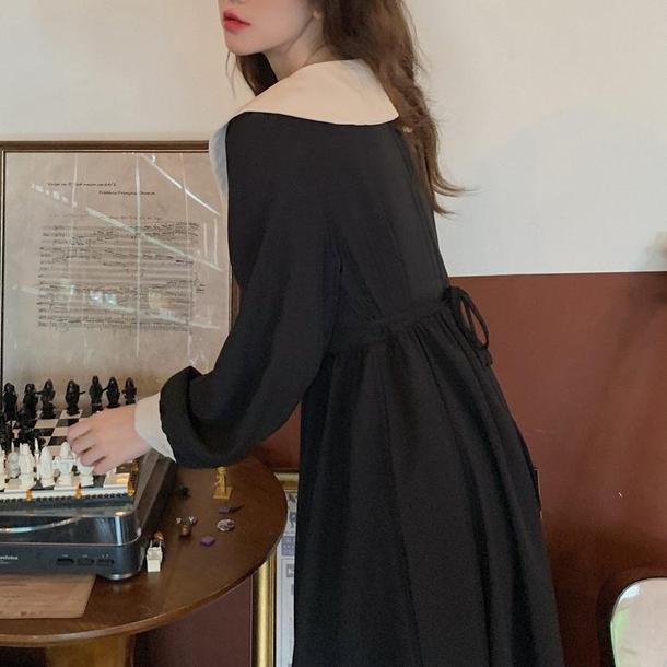 レトロカラーブラックワンピース 4722-black_お取り寄せ4722-画像1-韓国ファッション通販POPREA［ポップリア］