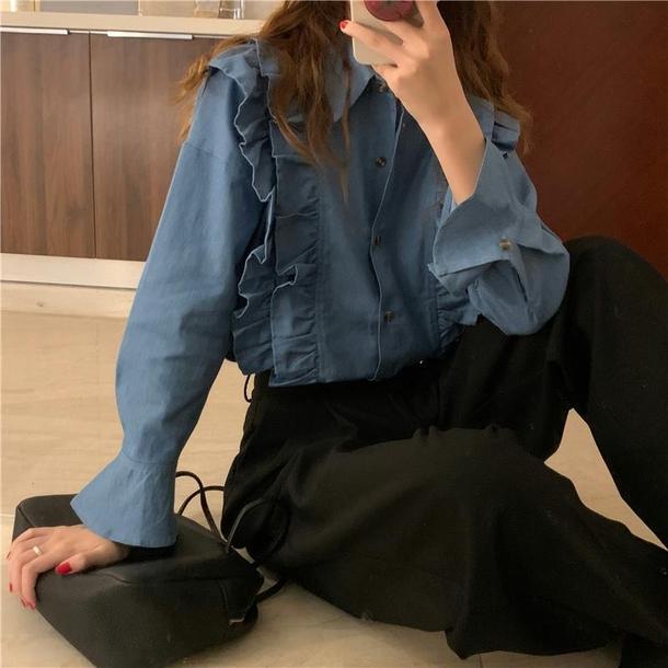 ラペルスリーブフリルシャツ 4727-blue_お取り寄せ4727-画像3-韓国ファッション通販POPREA［ポップリア］