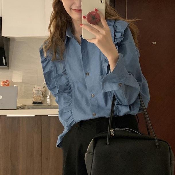 ラペルスリーブフリルシャツ 4727-blue_お取り寄せ4727-画像4-韓国ファッション通販POPREA［ポップリア］