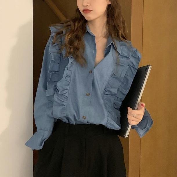 ラペルスリーブフリルシャツ 4727-blue_お取り寄せ4727-画像5-韓国ファッション通販POPREA［ポップリア］