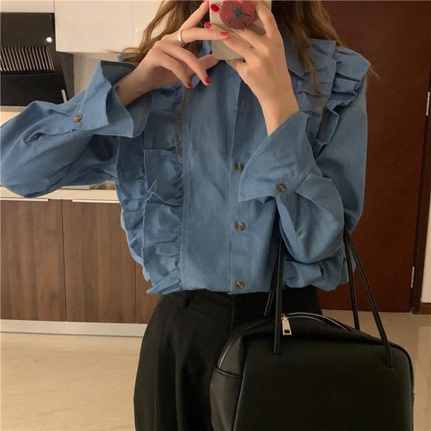 ラペルスリーブフリルシャツ 4727-blue_お取り寄せ4727-画像6-韓国ファッション通販POPREA［ポップリア］