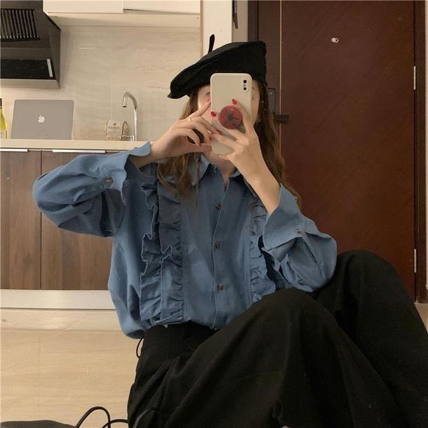 ラペルスリーブフリルシャツ 4727-blue_お取り寄せ4727-画像7-韓国ファッション通販POPREA［ポップリア］