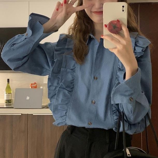 ラペルスリーブフリルシャツ 4727-blue_お取り寄せ4727-画像8-韓国ファッション通販POPREA［ポップリア］