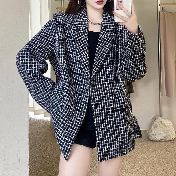 ミニバッグ付きチェック柄ジャケット 4730-black_お取り寄せ47301-画像1-韓国ファッション通販POPREA［ポップリア］