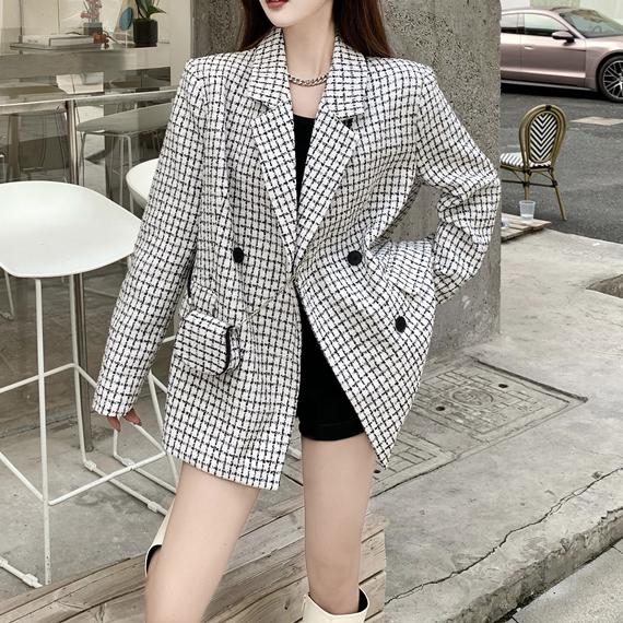 ミニバッグ付きチェック柄ジャケット 4730-white_お取り寄せ47302-画像8-韓国ファッション通販POPREA［ポップリア］