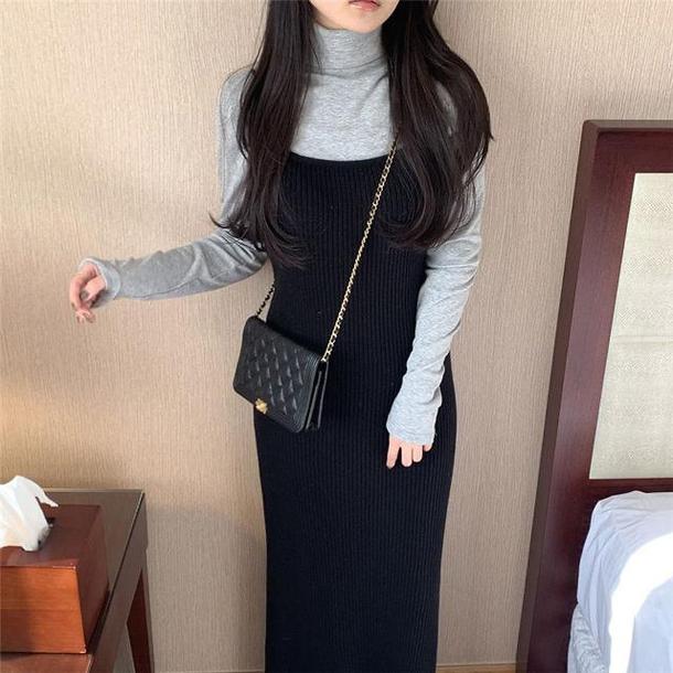 ニットキャミソールロングワンピース 4735-black_お取り寄せ47351-画像1-韓国ファッション通販POPREA［ポップリア］