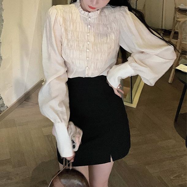 ロングカフスフレンチブラウス 4736-white_お取り寄せ4736-画像1-韓国ファッション通販POPREA［ポップリア］