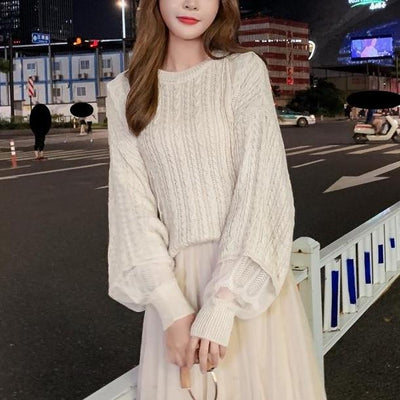 レース袖ニットプルオーバー 4740-ivory_お取り寄せ4740-画像4-韓国ファッション通販POPREA［ポップリア］