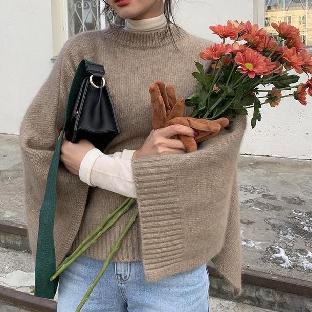 ラウンドネックベーシックニットケープ 4741-brown_お取り寄せ4741-画像3-韓国ファッション通販POPREA［ポップリア］