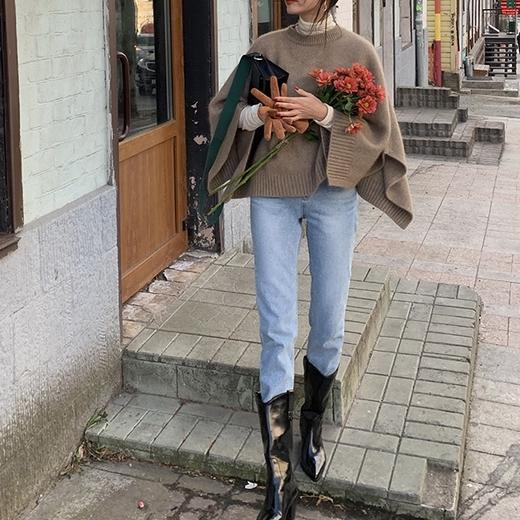 ラウンドネックベーシックニットケープ 4741-brown_お取り寄せ4741-画像4-韓国ファッション通販POPREA［ポップリア］